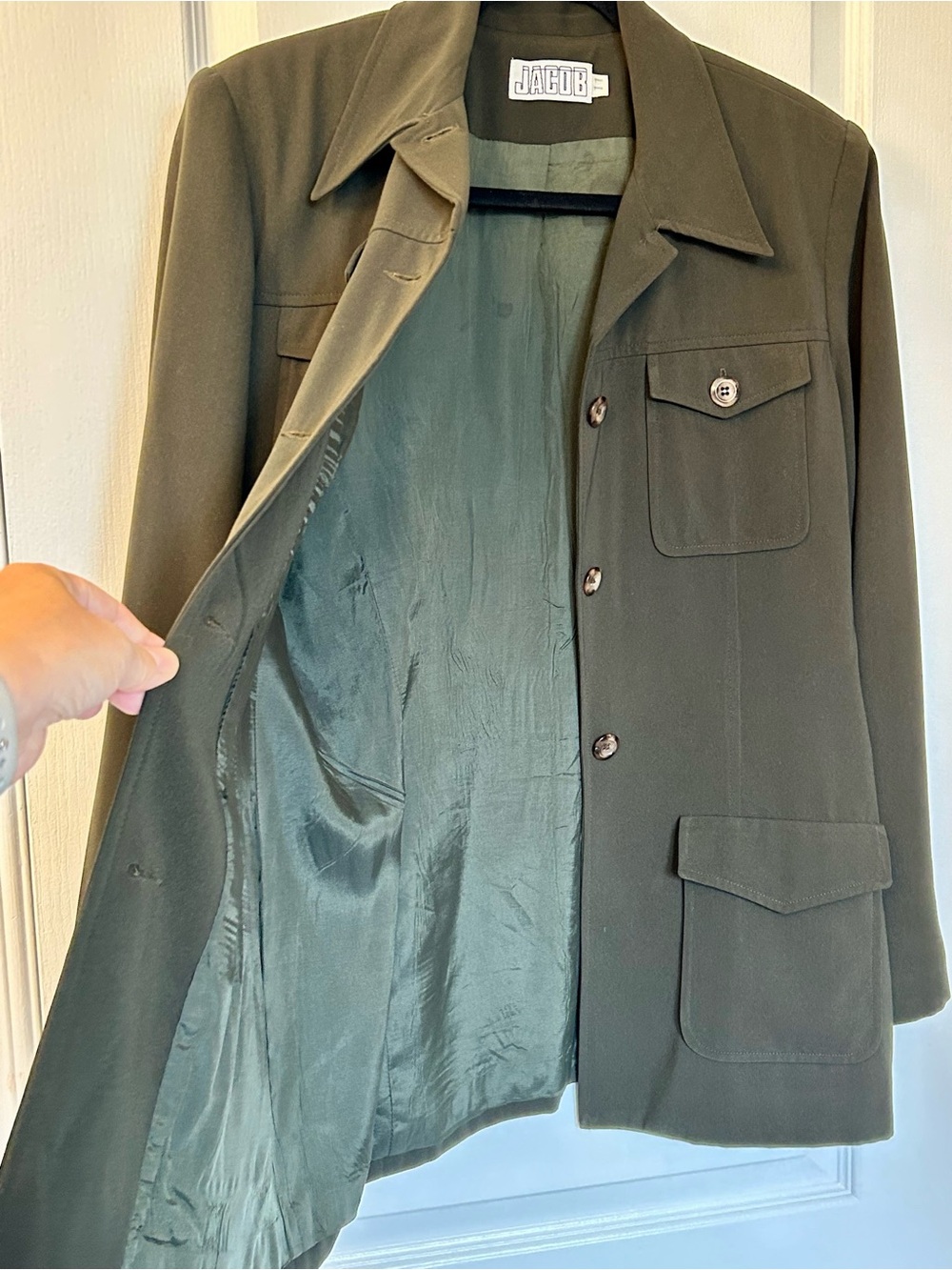 Jacob Olive Green Button-Front Military Feminine Structured Women’s Blazer - Picture 3 of 7